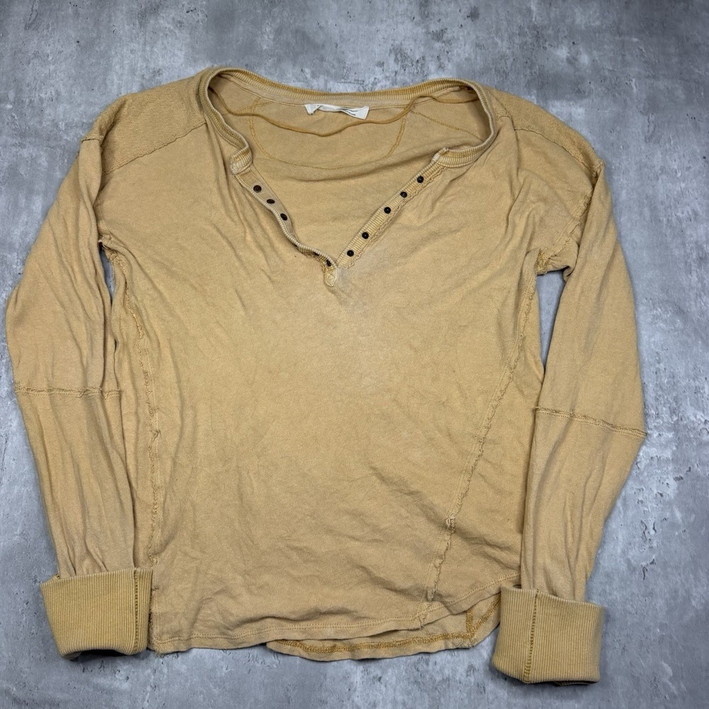 Free People We the Free Yellow Distressed Henley Women's M Boho Long Sleeve